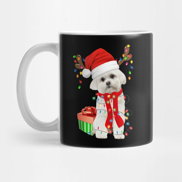 Funny Dog Maltese Wearing Santa Hat Christmas Lights Gift For Dog Lover by mittievance